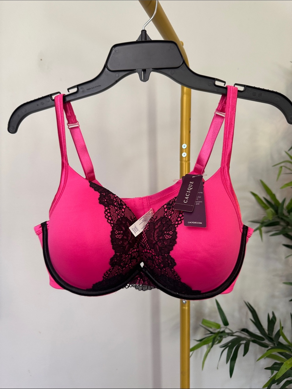 Cacique Pink Underwire Bra with Black Lace Overlay